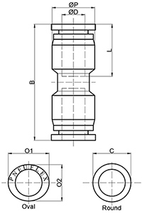 drawing of PU 1/2 | 1/2" Union Straight Push in Fitting | 1/2" Push to Connect Fitting