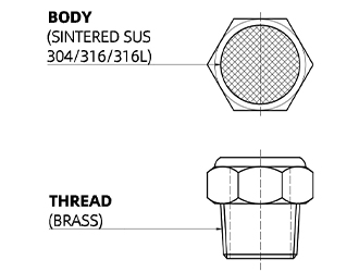 material of brass body silencer with sintered stainless steel breather vent